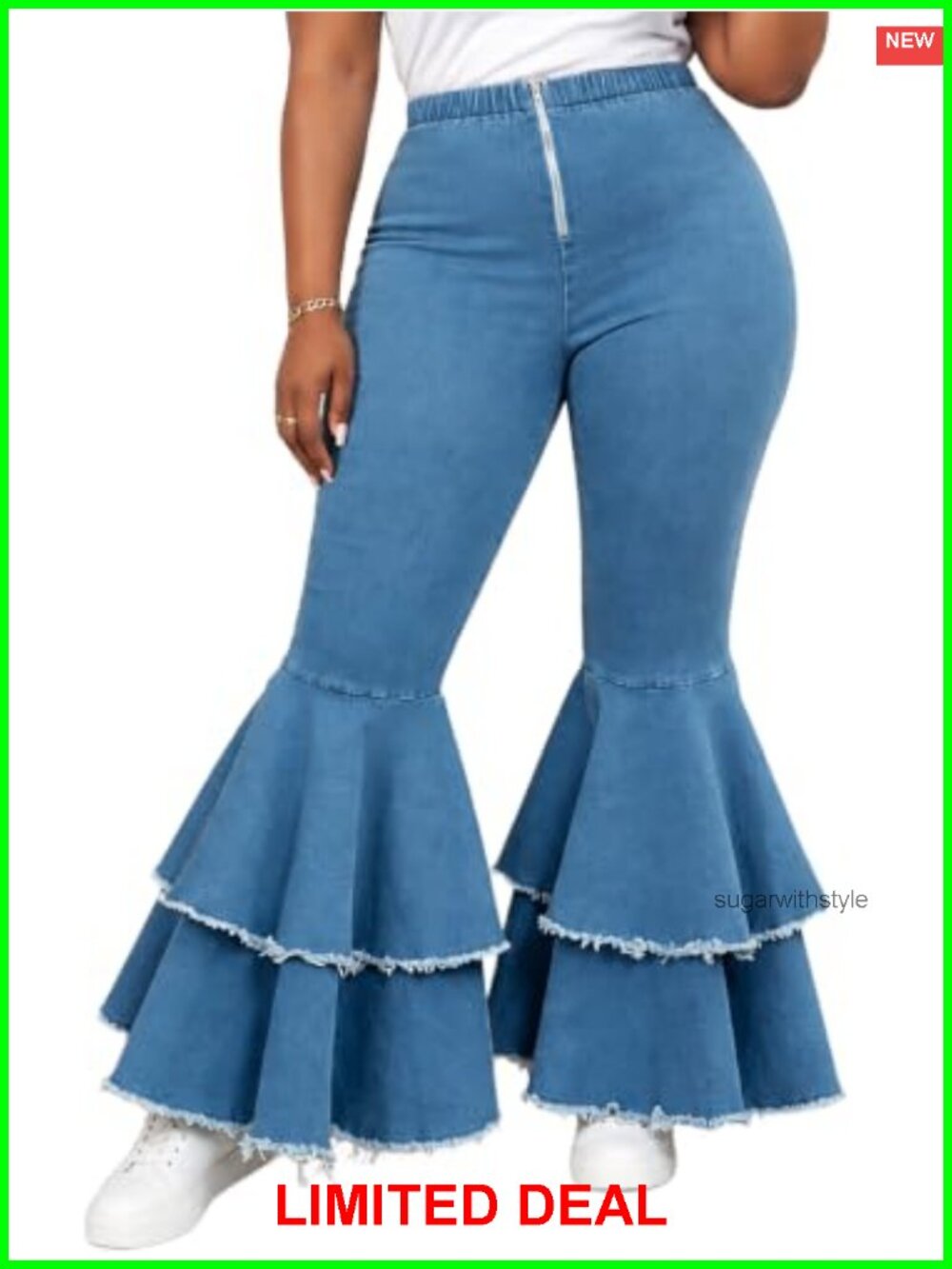 Plus Size Bell Bottom Jeans Double Ruffle Flare Denim